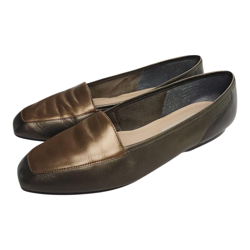 Vintage Enzo Angiolini Leather Loafers Flats 10M Bronze Forest Green Square Toe